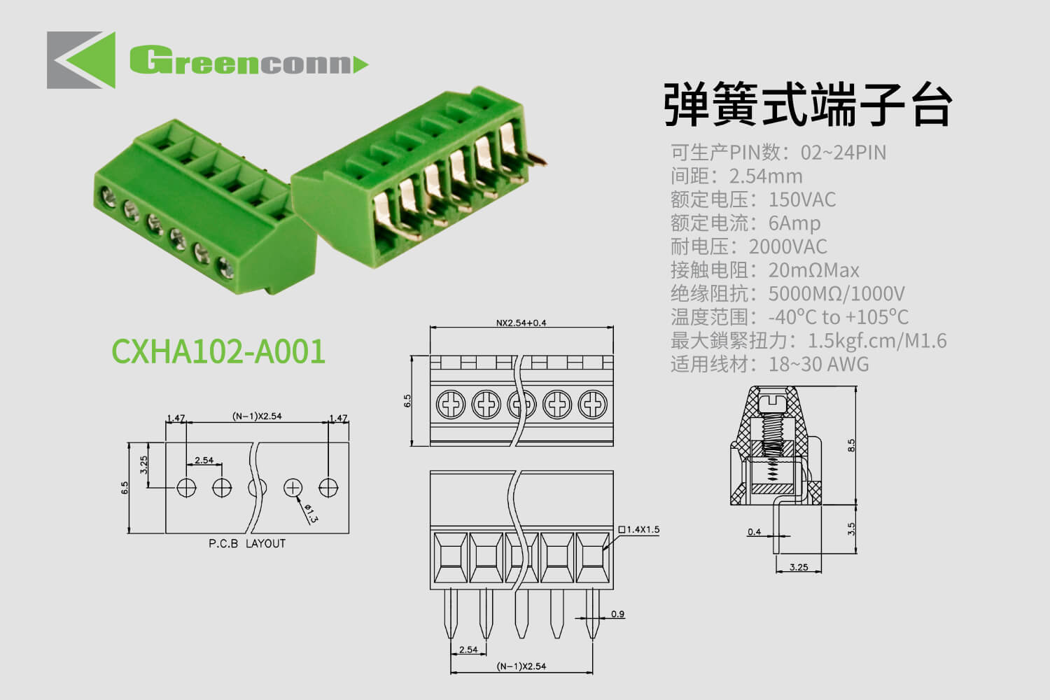 Greenconn 彈簧式接線端子CXHA102系列