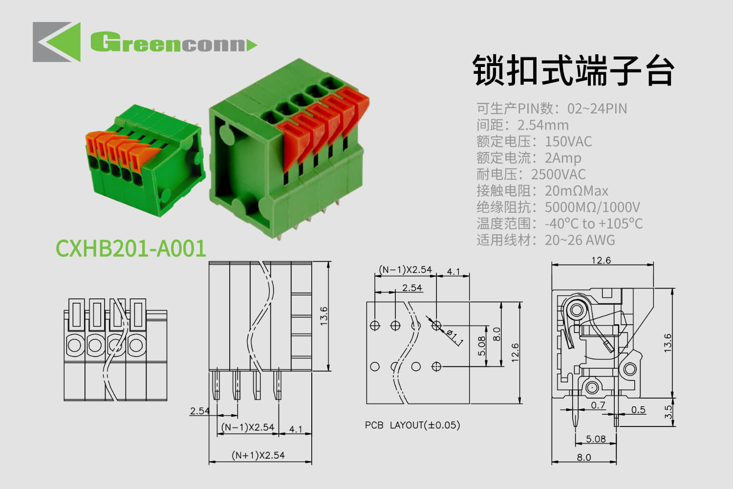 Greenconn 鎖扣式接線端子CXHB201系列